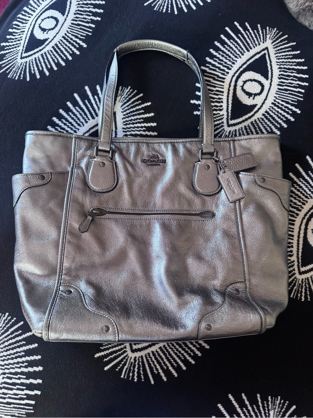 Coach Metallic Pewter Leather Tote Bag